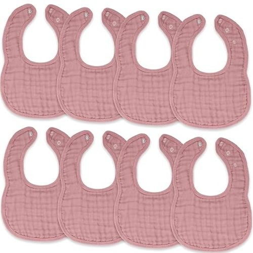 Comfy Cubs Muslin Bibs for Babies, Pack of 8 - Soft and Highly Absorbent, Feeding, Drool and Teething Bib, Adjustable Snaps - Stylish & Colorful Unisex Designs, Giftable Set - Mauve