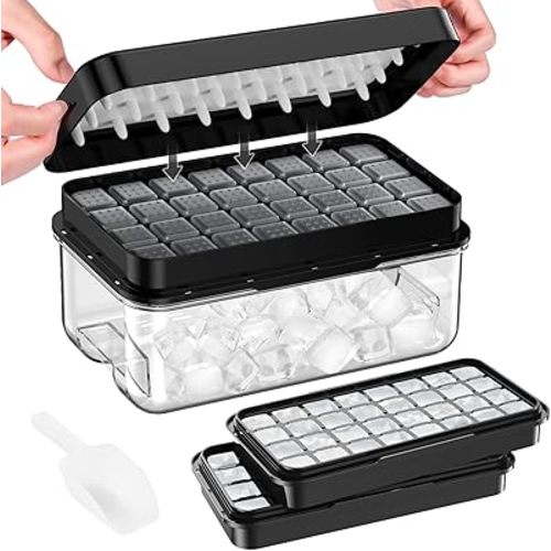 Ice Cube Tray with Lid and Bin, PHINOX 64 pcs Ice Trays for Freezer, Ice Cube Trays for Freezer with 2 trays, Container, Lid & Ice Scoop, BPA Free, Black