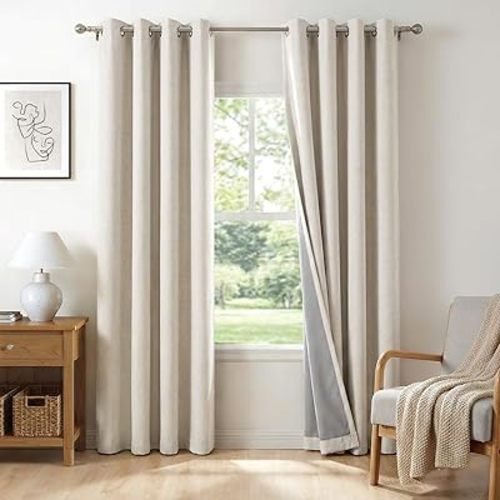 Linen Textured Total Blackout Curtains 84 Inches Long, Beige
