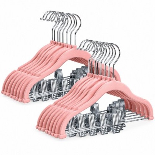 Home Collection Pack of 16 Non-Slip Velvet Hangers with Movable Clips 11.8 Inch Pink