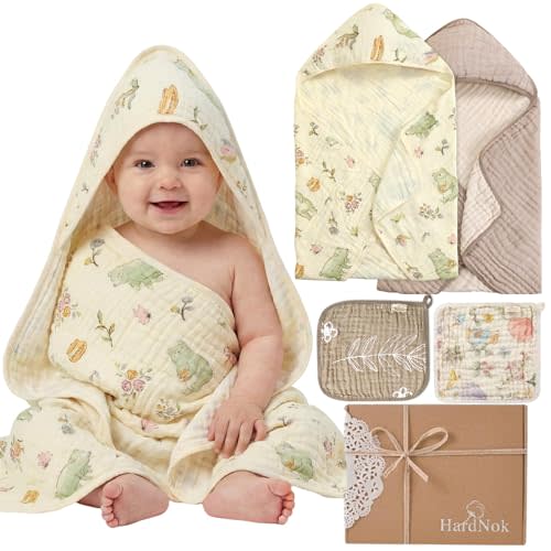 Muslin Baby Bath Towels Set Organic Cotton Blend (Woodland Coffee) | 32x32" Towels & Washcloths, Reversible 6-Layer, Woodland Bear Theme, Infant Beach Essentials, Baby Shower, Curated Gift Box