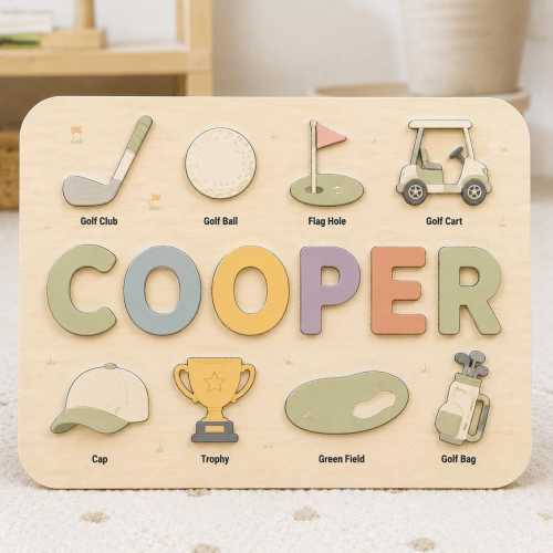 Personalized Wooden Name Puzzle for Kids, Golf Theme Montessori Toy, Custom Baby Boy Gift, Sports Nursery Decor, First Birthday Present