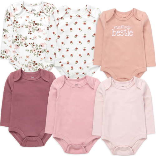 Baby Essentials Girls 6-pack Long Sleeve Bodysuits,Solid & Printed Designs, Soft Stretch Polyester Spandex, Snap Closure (3 months,Mama's Bestie Pink)