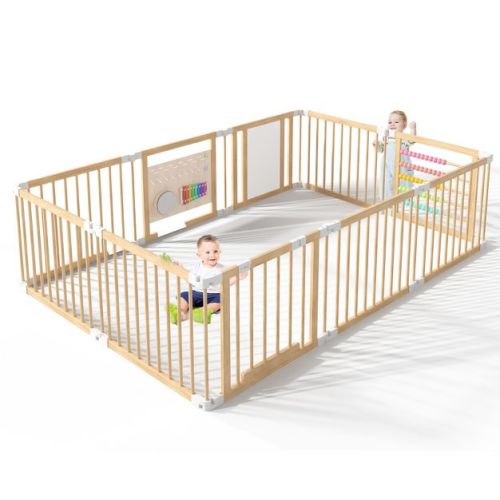 Docred Wooden Baby Playpen,Foldable,Expandable,Adjustable Wood Gate for Infants Toddlers Babies Portable Easy Assembly Fence Area,94.5''x63''x24''