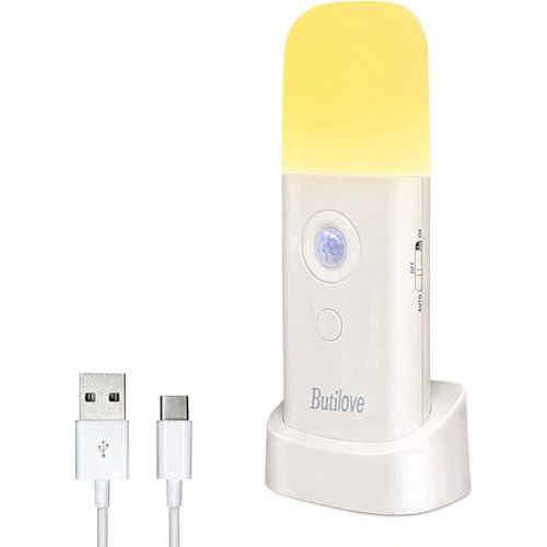 Motion Sensor Night Light Rechargeable, 2000 mAh Battery with USB Charging Cable, 5-Level Brightness Control, Warm White, Ideal for Children, Bathroom, Toilet, Bedroom, Hallway (1-Packs)
