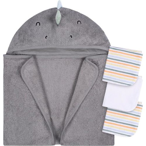 Gerber Baby 4 Piece Animal Character Hooded Towel and Washcloth Set, Charcoal Dino, One Size