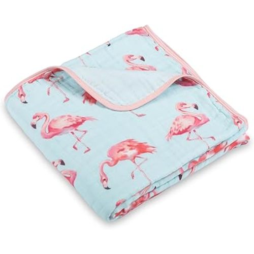 LollyBanks Muslin Baby Blanket, 100% Cotton Muslin Quilt for Girls, 47 x 47 Inches Toddler Blankets, Cozy 6-Layer Newborn Blanket, Soft and Breathable Baby Quilt, Newborn Essentials (Flamingo Print)