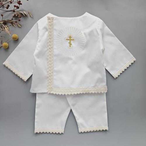 Ivory Christening Outfit Baby Boy | Linen Lace Baptism Suit | Cross Embroidery | Heirloom Blessing Set