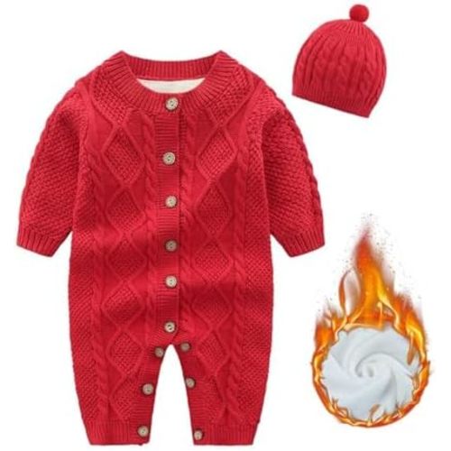 Baby Newborn Boy Knitted Sweater Romper Cotton Longsleeve Outfit with Kids Winter Warm Hats Set