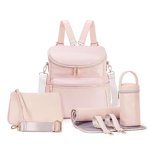 Minsong Diaper Bag Backpack, Fashion Leather Mommy Backpacks, Travel Baby Diaper Bags with in Bag Organizer and Changing Pad (Pink)