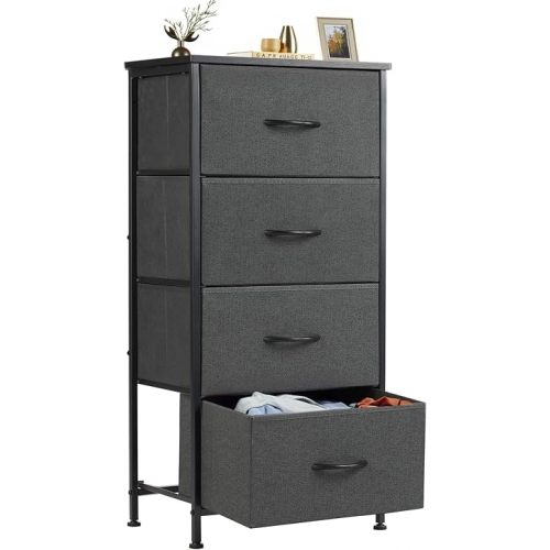 Sweetcrispy Nightstand Small Bedroom Dresser with 4 Fabric Drawers,Bed Side Furniture End Table, Wooden Top Cabinet Night Stand Dresser for Closet, Entryway, Dorm, Grey