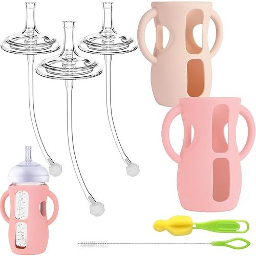 Straw Cup Conversion Kit with Silicone Sleeves for Avent Natural Glass Baby Bottle 8oz, Toddler Sippy Cups Transition Kit w Anti Breakage Bottle Holder Compatible with Philips Baby Bottles, Pink Cream