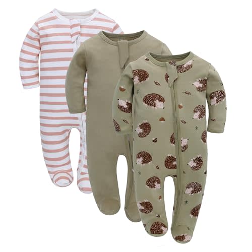 LAT 3 Pcs Baby Sleep and Play Pajamas,100% Organic Cotton Infant Girls Boys One-Piece Footies Romper Newborn,Zipper