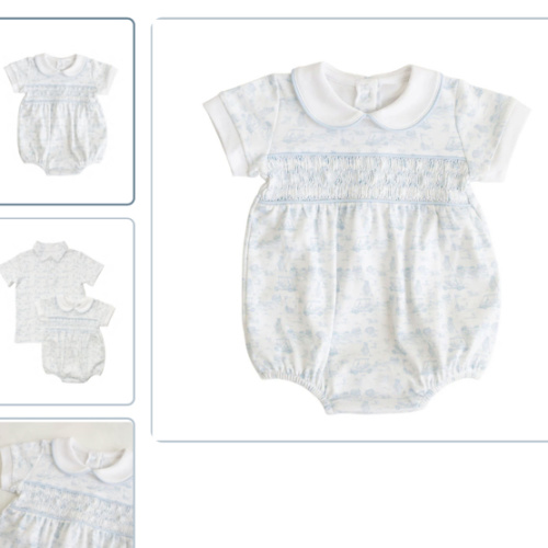 Fairway Toile | Short Sleeve Smocked Bubble (Blue) – Baby Dunn