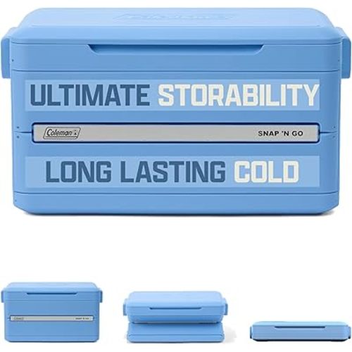 Coleman Snap N Go 45qt Collapsible Hard Cooler, Keeps ice Cold for up to 55 Hours, Holds up to 76 cans, Collapses up to 1/3 its Size, Can Hold up to 200 pounds, Blue Sky