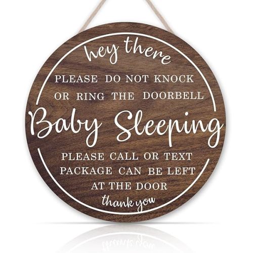 OLMIXA Baby Sleeping Wooden Sign (12x12 inch), Do Not Knock or Ring Door Knob Sign for Front Door, New Mom Gifts Do Not Disturb Door Hanger Sign for Porch Baby Bedroom Decor
