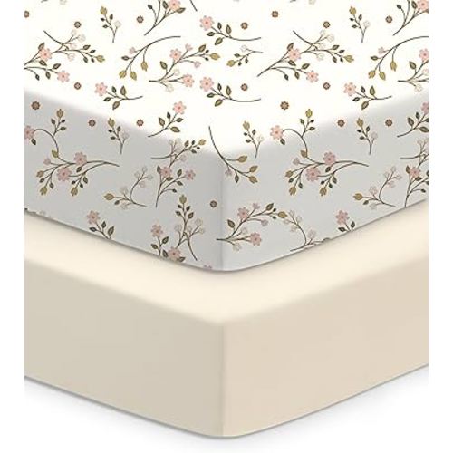 Baby Crib Sheets Boy Girl for Standard Crib Mattress - Pink Vintage Floral&Beige, Soft Jersey Knit, Breathable and Cozy, Fits 28''x52''x9'' Deep Pocket