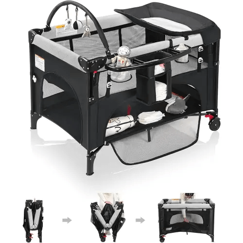 4 in 1 Baby Bassinet Bedside Crib with One-Hand Setup & Waterproof Mattress – ASTM-Certified Pack and Play, Portable Foldable Playard with Diaper Changer for Newborn to Toddler(Black)