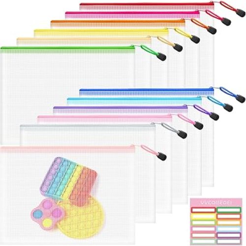 12pcs Mesh Zipper Pouch Bags, B5 Zipper Pouch, Mesh Bags with Zipper, Plastic Zipper Pouches, 12 Colors Zipper Pouches for Organizing, Board Game Storage, Travel, School Office Organize