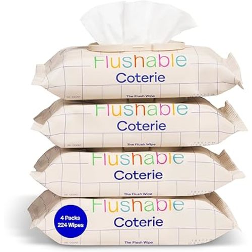 Coterie Flushable Wipes for Toddlers, Designed for Potty Training, Safe for Sensitive Skin, Hypoallergenic, 99% Water, Plant-Based, Fragrance Free, Sewer & Septic Safe, 4 Pack (224 Wipes)