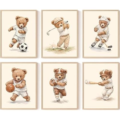 Teddy Bear Nursery Wall Decor Baby Boy Room Wall Art Vintage Sports Canvas Posters Teddy Bear Boy Prints Nursery Baby Pictures Painting Golf Artwork for Children Playroom 8x10 Inch Unframed Set of 6