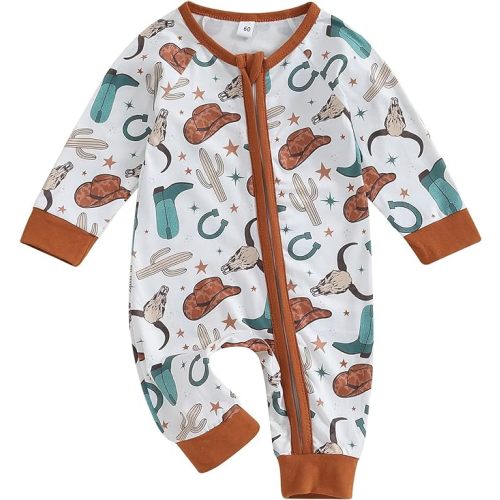 Newborn Western Baby Cowboy Clothes Neutral Zipped One-piece Romper Jumpsuit Infant Boy Girl Fall Winter Outfits