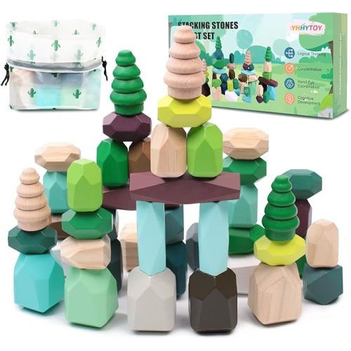 YHHYTOY 40Pcs Montessori Wooden Stacking Rocks Building Blocks Forest Theme | Preschool Sensory Learning Balancing Stacking Games Educational STEM Toys, Birthday Gifts for 3 4 5 Year Old Boys Girls Kids