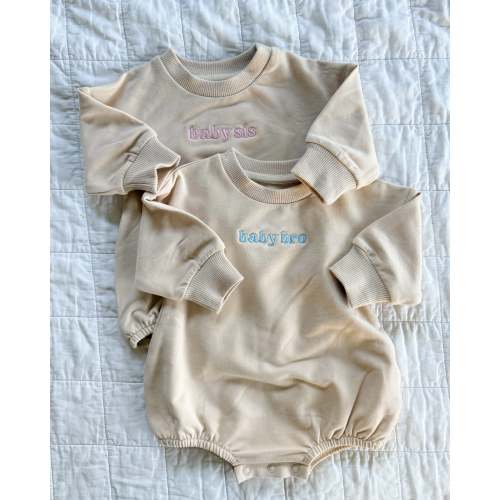 Baby Sis / Baby Bro – Embroidered Cream Bubble Romper | Pink or Blue Thread