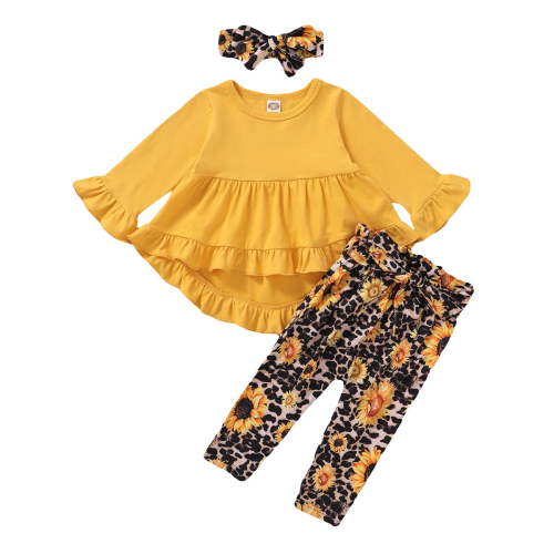 Baby Girl Clothes Toddler Girl Sunflower Outfit Ruffle Sleeve Shirt Floral Pant Set Fall Winter Clothing for Girl 12-18 Months