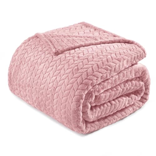 Exclusivo Mezcla Soft Fleece Bed Blanket Queen Size, 90”x90”, Pink | Cozy Fluffy Lightweight Blankets for Summer, Decorative Plush Flannel Throws for Living Room, Bedroom with Leaves Pattern