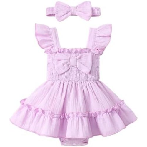 Newborn Baby Girl Summer Clothes Sleeveless Smocked Romper Dress Ruffles Jumpsuit Bodysuit with Bow Headband
