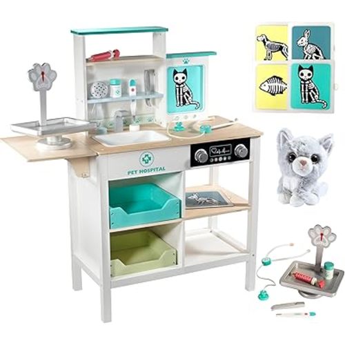 Vet Center Pretend Pet Hospital Playset- Wooden Animal Interactive Medical Checkup Set with Toy Cat, X-Ray Cards Stethoscope & Veterinarian Medical Accessories, Fun Doctor Role Play Xmas Gift for Kids