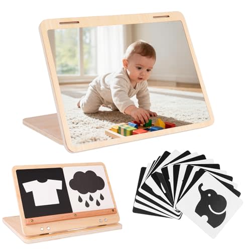juhg Tummy Time Mirror Large Baby Mirror Toy and Card Display Stand with Black and White High Contrast Baby Cards Double-Sided Design Adjustable Angle Montessori Mirror
