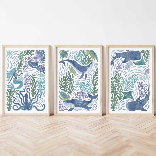 Ocean Animals Wall Art Set, Watercolor Ocean Decor Mermaid Art Print Whale Ocean Nursery Coastal Wall Decor Underwater Art Set Kids Bedroom