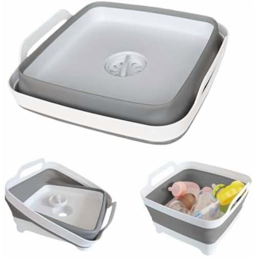 Collapsible Wash Basin with Drain Plug - 2.4 Gallon Foldable Kitchen Sink for Baby Bottles, RV Camping, Space-Saving Dish Tub (Gray)