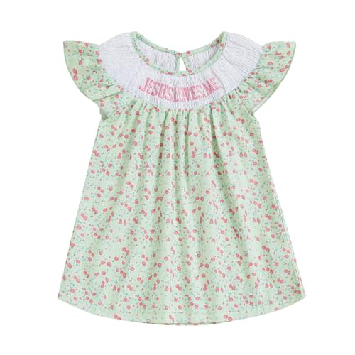 KMBANGI Baby Girl Christian Outfit Jesus Loves Me Dress Baptism Sundress | Toddler Girl Christian Dress, Jesus Loves Me Embroidery, Ruffle Sleeveless, Smocked Dresses, Girls Baptism Church Outfit