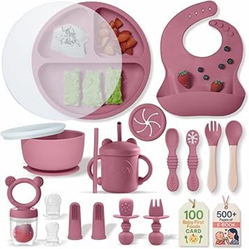Remonda BPA-Free Silicone Baby Feeding Set | Extra Large Suction Plates, Toddler Bowls, Self Feeding Spoons, and More | Dishwasher Safe| Baby Led Weaning Supplies （Red）