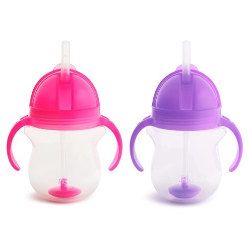 Munchkin® Any Angle™ Weighted Straw Trainer Cup with Click Lock™ Lid, 7 Ounce, 2 Pack, Pink/Purple - 2 Count (Pack of 1)