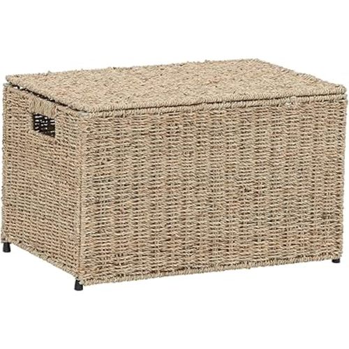 Household Essentials Decorative Wicker Seagrass Storage Chest with Collapsible Metal Frame, Natural Tan Finish
