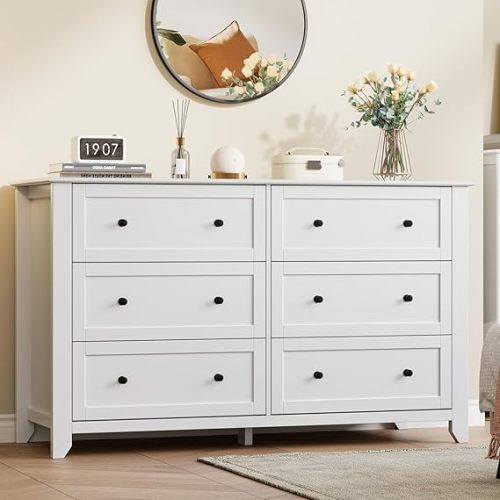 IDEALHOUSE White 6 Drawer Dresser for Bedroom, 54" Wide Dresser with Deep Drawers & Metal Knobs, Modern Large Wooden Chests of Drawers for Entryway, Hallway