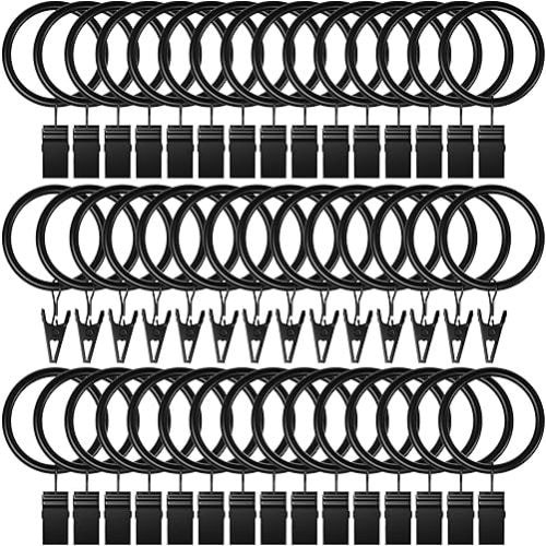 44 Pack Curtain Rings with Clips, Black Curtain Hooks Hangers 1" Interior Diameter, Metal Drapery Rings for Hanging Drapes Bows Tension Rod, Fits up to 5/8 in Curtain Rod