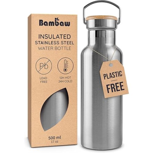 Bambaw Metal Insulated Water Bottle 16 oz, Stainless Steel Water Bottle Insulated, Reusable, Keeps Drinks Cold for 24h Cold & Hot for 12h, With Wide Mouth That Fits Tea Balls (Natural Steel)