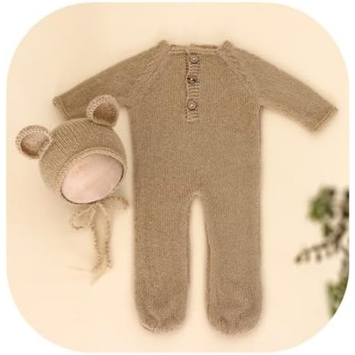 Vemonllas Newborn Photography Prop Baby Boys Girls Photoshoot Outfits Newborn Photo Knitted Romper Bear Hat Picture Outfit