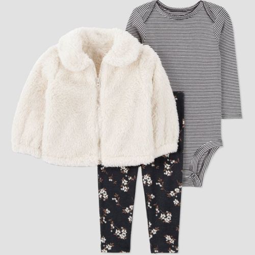 Carter's Just One You® Baby Girls' 3pc Faux Shearling Jacket with Long Sleeve Bodysuit and Floral Leggings Set - Black