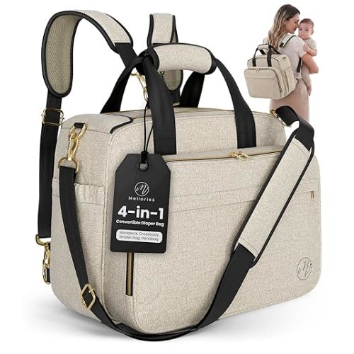 Mellories 4 in 1 Convertible Diaper Bag Tote for Baby Boys and Girls - Converts into Diaper Backpack, Baby Tote, Stroller and Crossbody Diaper Bag - Beige Baby Travel Bag - Gift for Mom