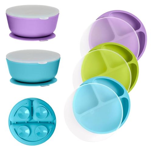 WeeSprout 3 Silicone Suction Plates with Lids & 2 Bowls Bundle for Toddler Feeding - Divided Design - Microwave & Dishwasher Safe - for Babies & Kids