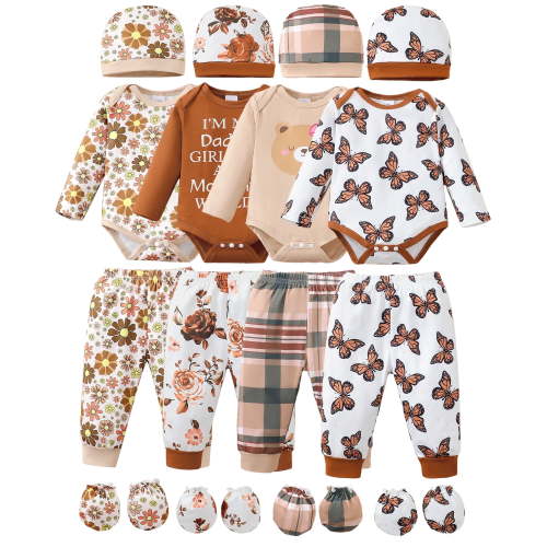 KIMI BEAR Newborn Baby Girls Layette Set 4 Packs 6-9 Months Winter Clothes Outfits Long Sleeves Romper Top Pants Gloves Hats 16 Piece Essentials Accessories Clothing Gift Sets Brown