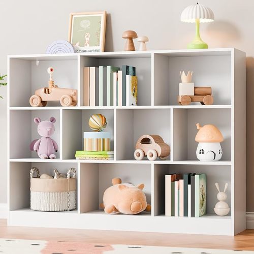 Cozy Castle White Bookshelf, 3-Tier Open Shelf Bookcase, 10 Cube Storage Organizer with Anti-Tilt Device for Bedroom, Living Room, 55.11" W x 11.61“D x 40.94“H