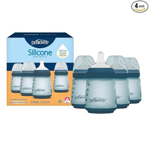 Dr. Brown's Silicone Baby Bottle with Collapsible Insert Designed to Reduce Colic, 5 oz with Wide-Neck Level 1 Slow Flow Nipple, BPA-Free, 0m+, Blue, 4-Pack