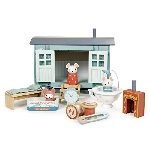 Tender Leaf Toys - Secret Meadow Shepherd’s Hut - Portable Furnished Wooden Shepherd’s Hut on Wheels with 11 Pcs Accessories and 3 Mice Dolls - Open-Ended Play and Story Tellings - Age 3+